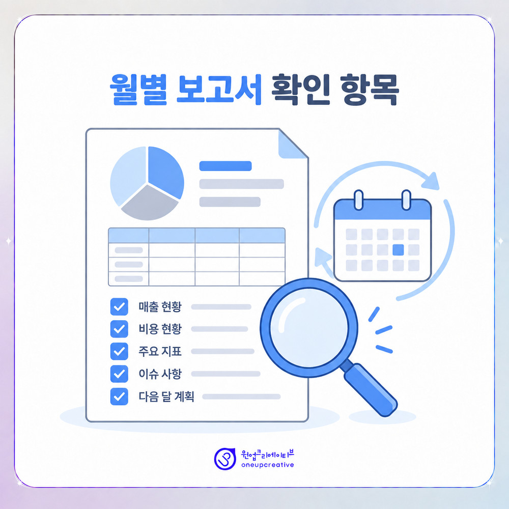 월별 마케팅 보고서에서 확인할 항목을 정리한 문서 이미지
